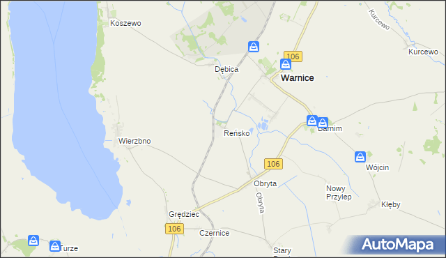 mapa Reńsko gmina Warnice, Reńsko gmina Warnice na mapie Targeo