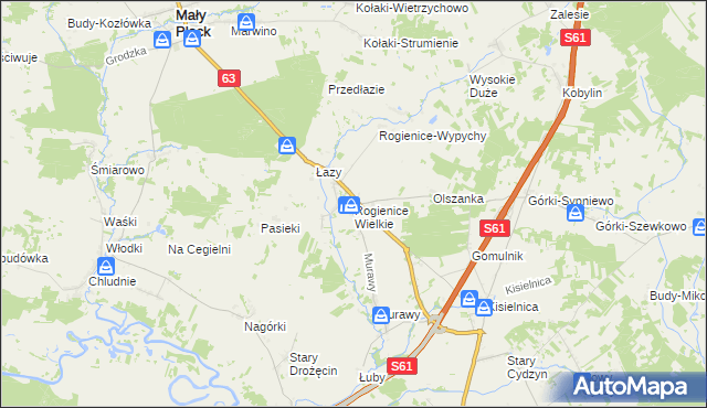 mapa Rogienice Wielkie, Rogienice Wielkie na mapie Targeo