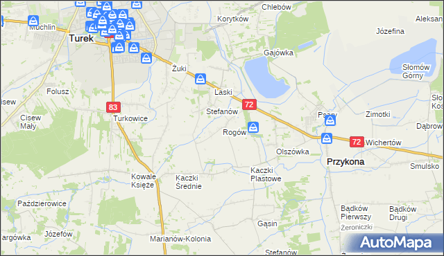 mapa Rogów gmina Przykona, Rogów gmina Przykona na mapie Targeo