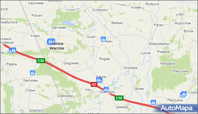 mapa Rogów gmina Świnice Warckie, Rogów gmina Świnice Warckie na mapie Targeo