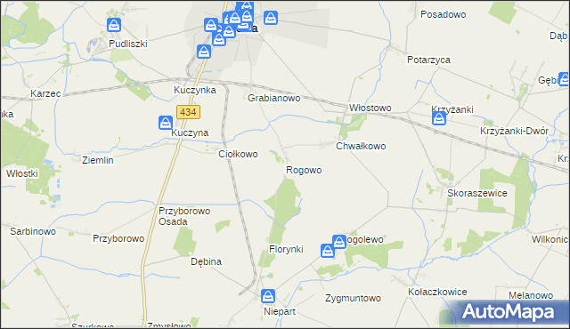 mapa Rogowo gmina Krobia, Rogowo gmina Krobia na mapie Targeo