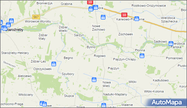 mapa Rogowo gmina Staroźreby, Rogowo gmina Staroźreby na mapie Targeo