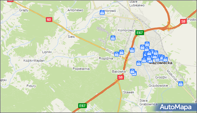 mapa Rogóźnia gmina Ostrów Mazowiecka, Rogóźnia gmina Ostrów Mazowiecka na mapie Targeo