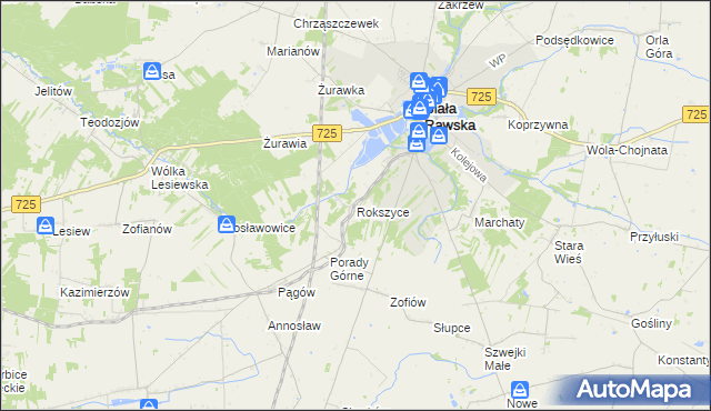 mapa Rokszyce gmina Biała Rawska, Rokszyce gmina Biała Rawska na mapie Targeo