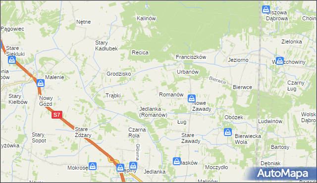 mapa Romanów gmina Jedlińsk, Romanów gmina Jedlińsk na mapie Targeo