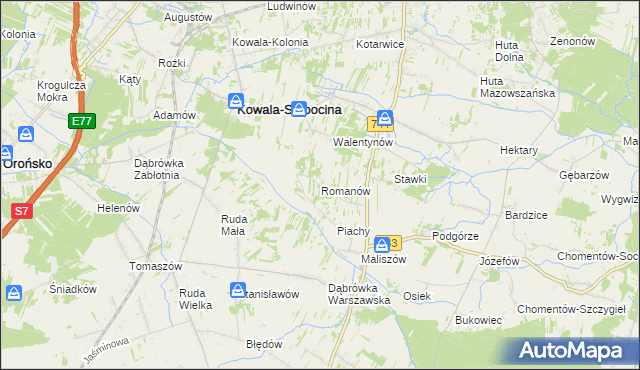 mapa Romanów gmina Kowala, Romanów gmina Kowala na mapie Targeo