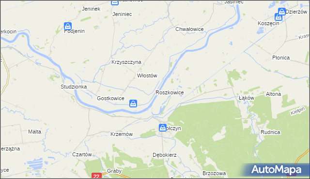 mapa Roszkowice gmina Bogdaniec, Roszkowice gmina Bogdaniec na mapie Targeo
