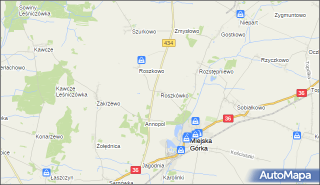 mapa Roszkówko gmina Miejska Górka, Roszkówko gmina Miejska Górka na mapie Targeo