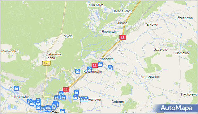 mapa Rożnowo gmina Oborniki, Rożnowo gmina Oborniki na mapie Targeo