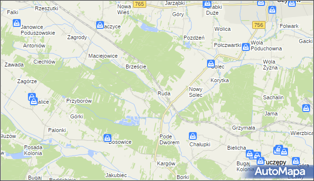 mapa Ruda gmina Gnojno, Ruda gmina Gnojno na mapie Targeo