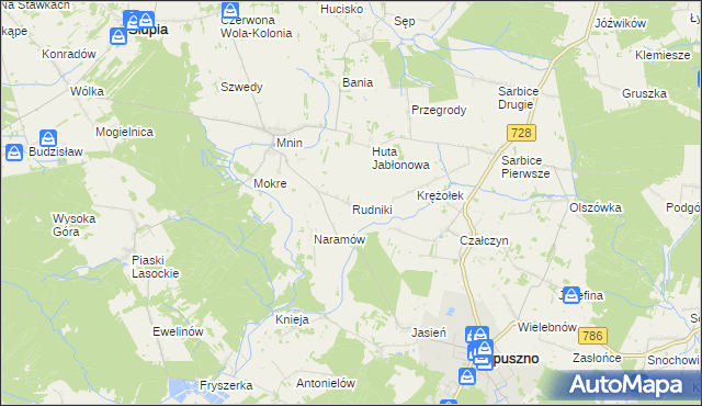 mapa Rudniki gmina Łopuszno, Rudniki gmina Łopuszno na mapie Targeo