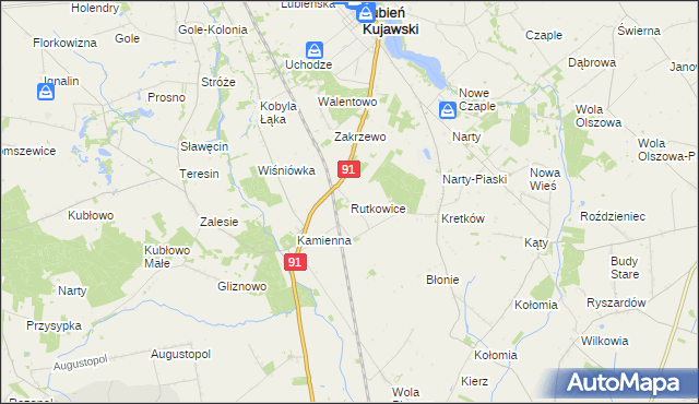 mapa Rutkowice gmina Lubień Kujawski, Rutkowice gmina Lubień Kujawski na mapie Targeo