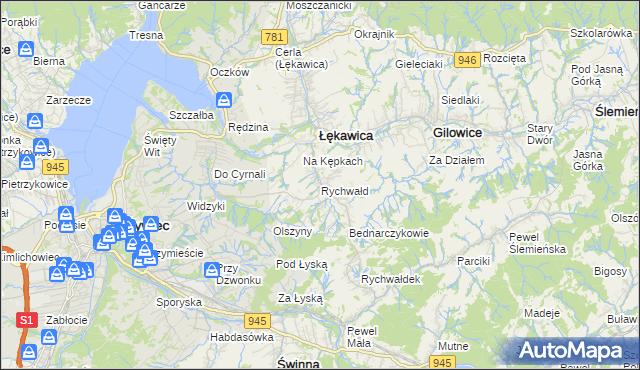 mapa Rychwałd gmina Gilowice, Rychwałd gmina Gilowice na mapie Targeo