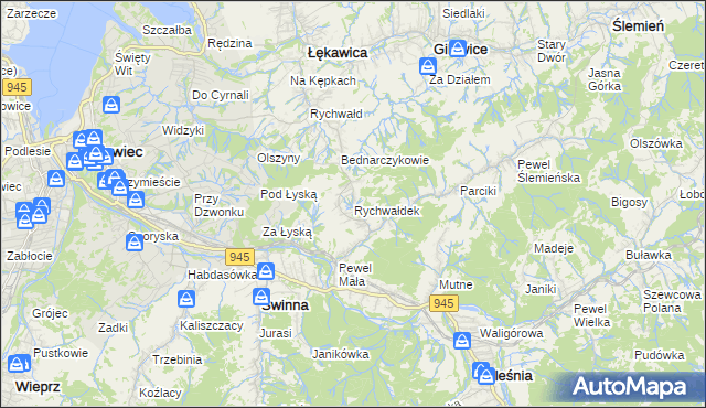 mapa Rychwałdek, Rychwałdek na mapie Targeo