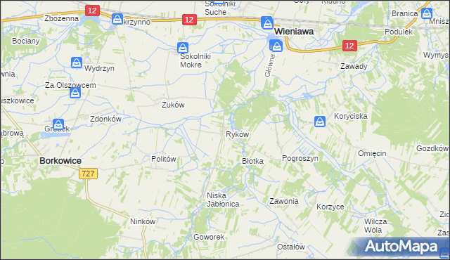 mapa Ryków gmina Wieniawa, Ryków gmina Wieniawa na mapie Targeo