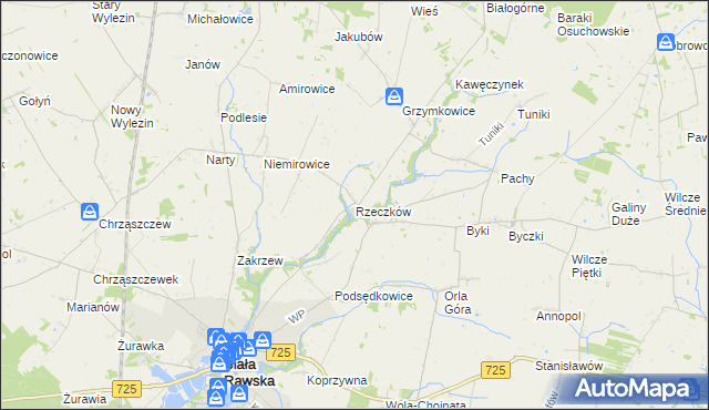 mapa Rzeczków gmina Biała Rawska, Rzeczków gmina Biała Rawska na mapie Targeo