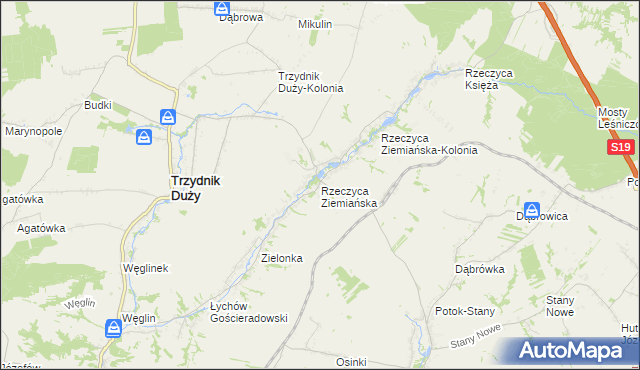 mapa Rzeczyca Ziemiańska, Rzeczyca Ziemiańska na mapie Targeo