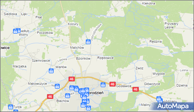 mapa Rzędowice gmina Dobrodzień, Rzędowice gmina Dobrodzień na mapie Targeo
