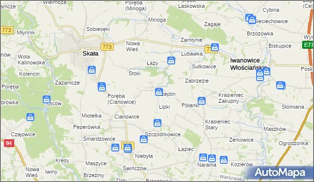 mapa Rzeplin gmina Skała, Rzeplin gmina Skała na mapie Targeo