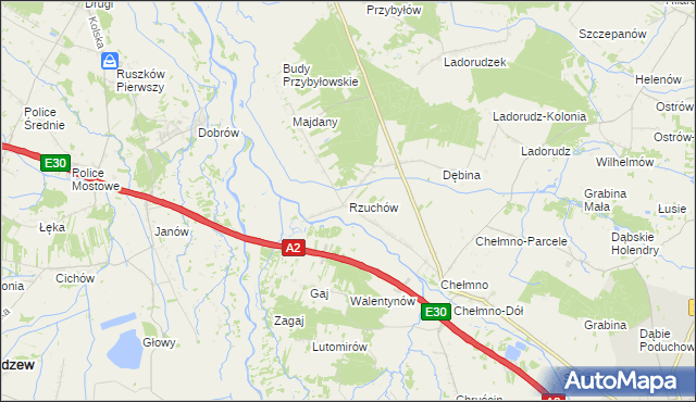 mapa Rzuchów gmina Dąbie, Rzuchów gmina Dąbie na mapie Targeo