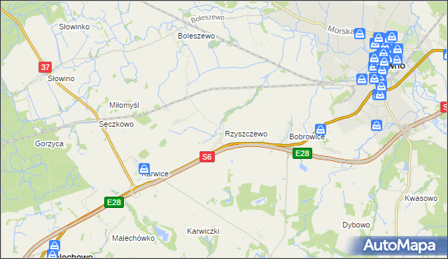 mapa Rzyszczewo gmina Sławno, Rzyszczewo gmina Sławno na mapie Targeo