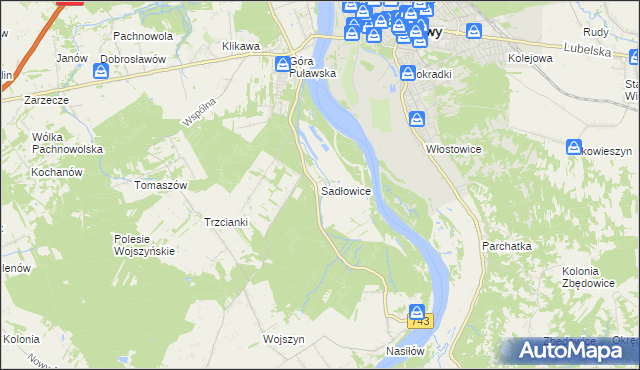 mapa Sadłowice gmina Puławy, Sadłowice gmina Puławy na mapie Targeo