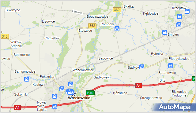 mapa Sadowice gmina Kąty Wrocławskie, Sadowice gmina Kąty Wrocławskie na mapie Targeo