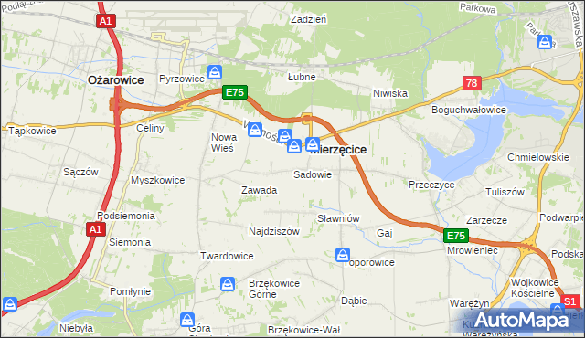 mapa Sadowie gmina Mierzęcice, Sadowie gmina Mierzęcice na mapie Targeo