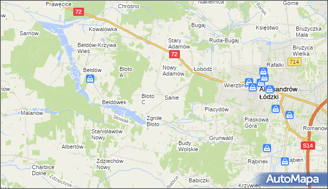 mapa Sanie gmina Aleksandrów Łódzki, Sanie gmina Aleksandrów Łódzki na mapie Targeo