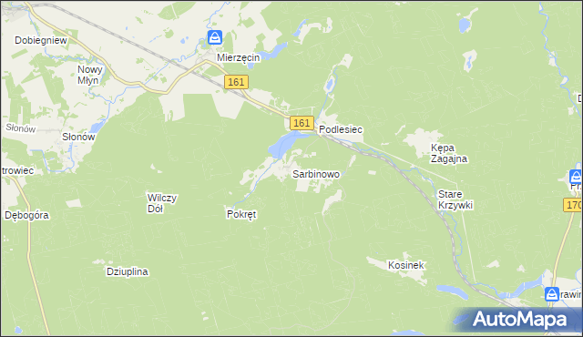 mapa Sarbinowo gmina Dobiegniew, Sarbinowo gmina Dobiegniew na mapie Targeo