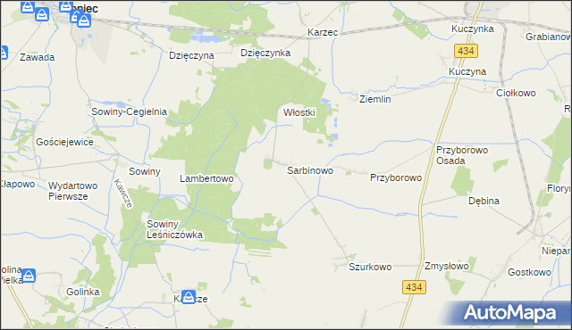mapa Sarbinowo gmina Poniec, Sarbinowo gmina Poniec na mapie Targeo