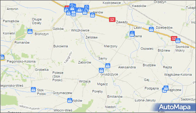 mapa Sarny gmina Błaszki, Sarny gmina Błaszki na mapie Targeo