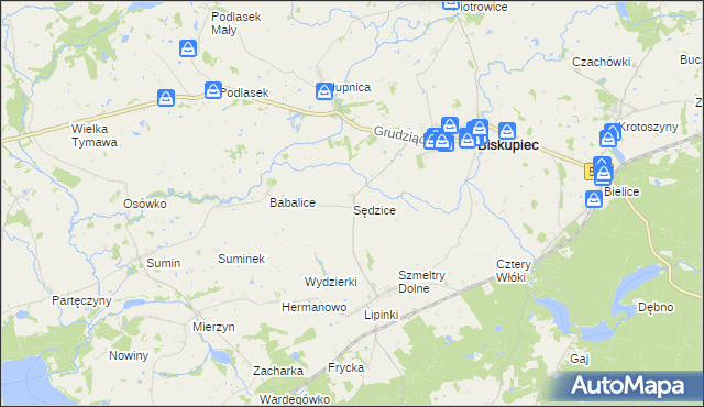 mapa Sędzice gmina Biskupiec, Sędzice gmina Biskupiec na mapie Targeo