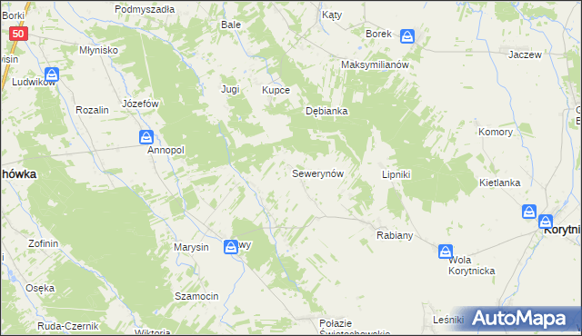 mapa Sewerynów gmina Korytnica, Sewerynów gmina Korytnica na mapie Targeo