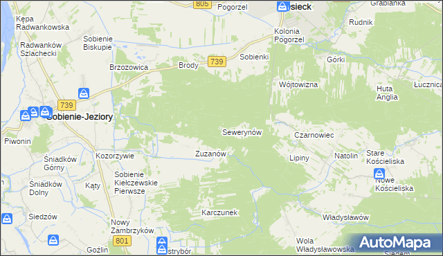 mapa Sewerynów gmina Sobienie-Jeziory, Sewerynów gmina Sobienie-Jeziory na mapie Targeo