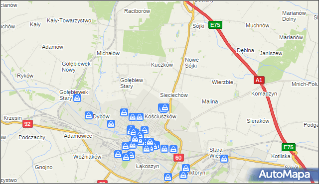 mapa Sieciechów gmina Kutno, Sieciechów gmina Kutno na mapie Targeo