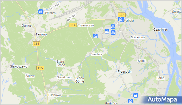 mapa Siedlice gmina Police, Siedlice gmina Police na mapie Targeo