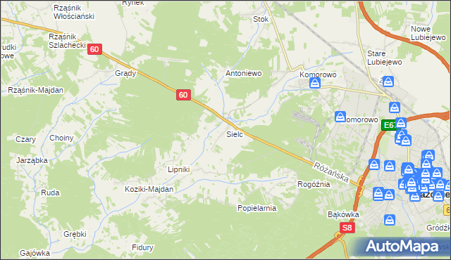 mapa Sielc gmina Ostrów Mazowiecka, Sielc gmina Ostrów Mazowiecka na mapie Targeo