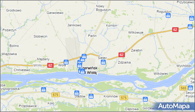 mapa Sielec gmina Czerwińsk nad Wisłą, Sielec gmina Czerwińsk nad Wisłą na mapie Targeo