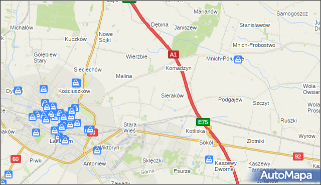 mapa Sieraków gmina Kutno, Sieraków gmina Kutno na mapie Targeo