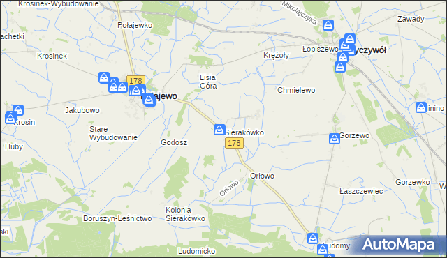 mapa Sierakówko gmina Połajewo, Sierakówko gmina Połajewo na mapie Targeo