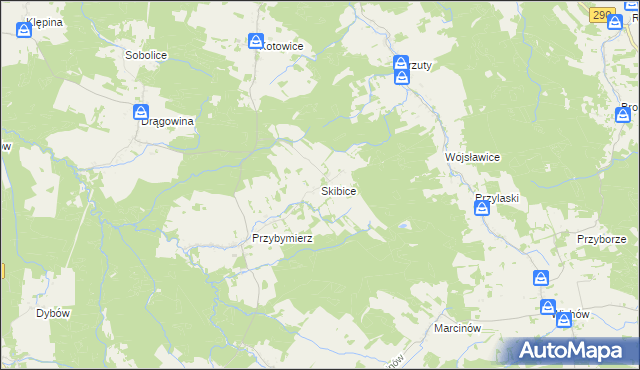 mapa Skibice gmina Nowogród Bobrzański, Skibice gmina Nowogród Bobrzański na mapie Targeo