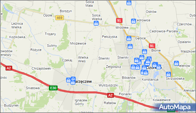 mapa Śliwniki gmina Parzęczew, Śliwniki gmina Parzęczew na mapie Targeo