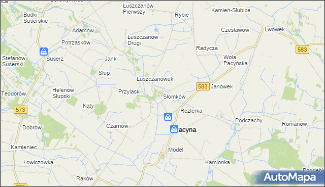 mapa Słomków gmina Pacyna, Słomków gmina Pacyna na mapie Targeo