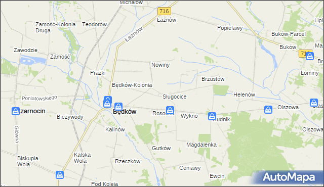 mapa Sługocice gmina Będków, Sługocice gmina Będków na mapie Targeo