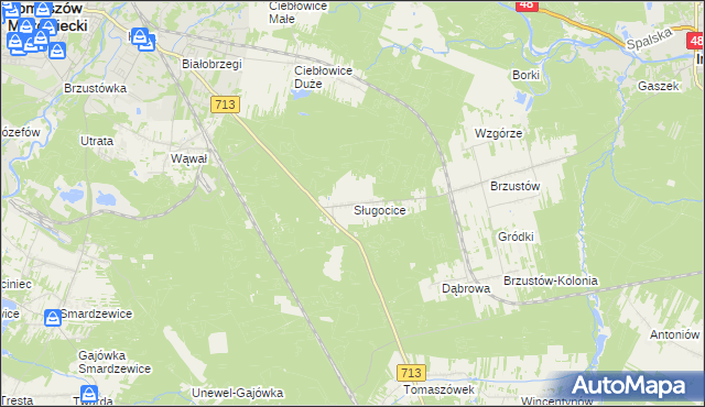 mapa Sługocice gmina Tomaszów Mazowiecki, Sługocice gmina Tomaszów Mazowiecki na mapie Targeo