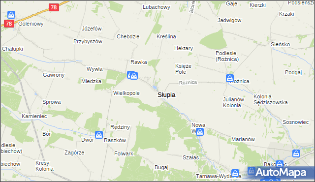 mapa Słupia powiat jędrzejowski, Słupia powiat jędrzejowski na mapie Targeo