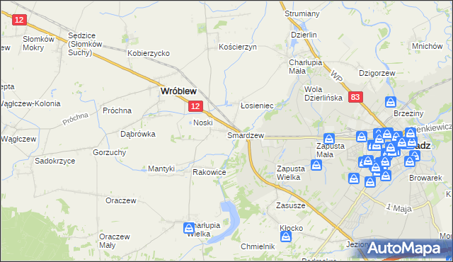 mapa Smardzew gmina Wróblew, Smardzew gmina Wróblew na mapie Targeo