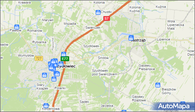 mapa Śmiłów gmina Jastrząb, Śmiłów gmina Jastrząb na mapie Targeo