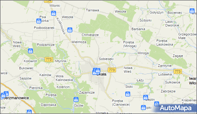 mapa Sobiesęki gmina Skała, Sobiesęki gmina Skała na mapie Targeo